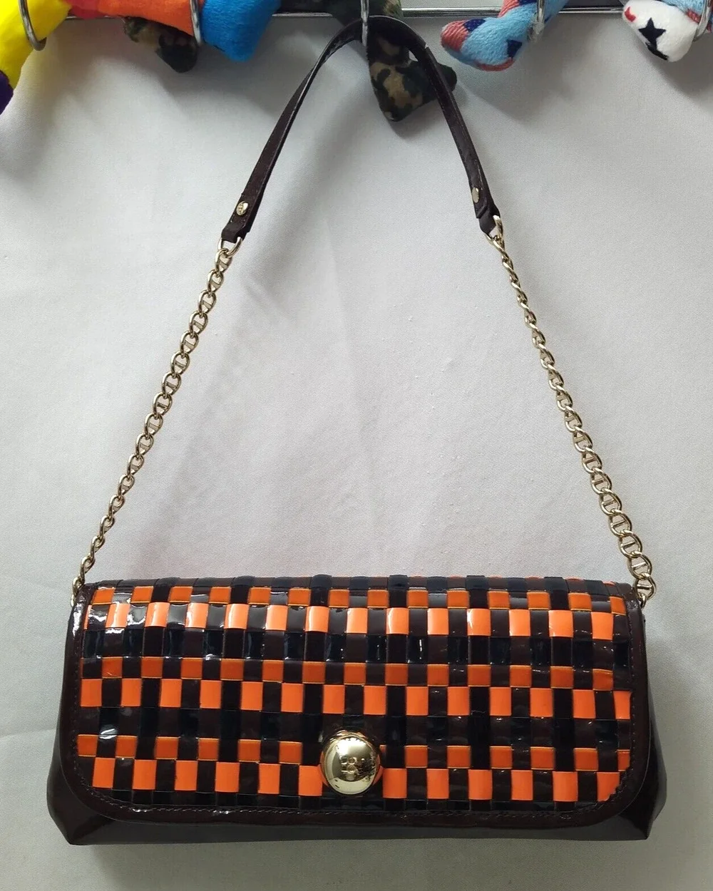 Kate Spade New York Orange Brown Patent Leather Chain Strap Hobo Shoulder Bag